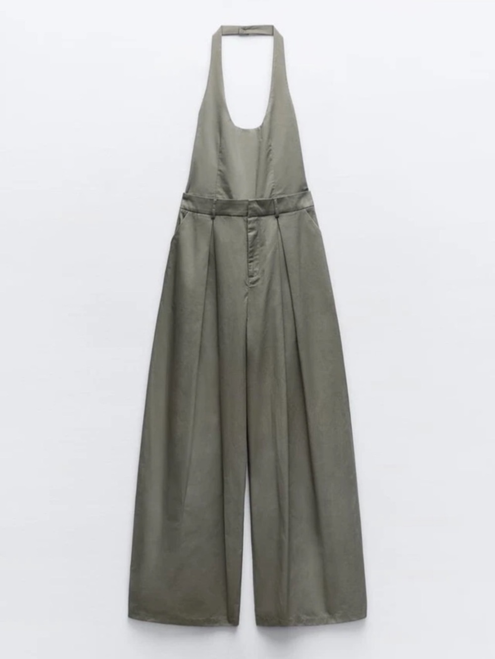 Zara jumpsuit technical fabric cargo sleeveless wide straight leg light khaki M